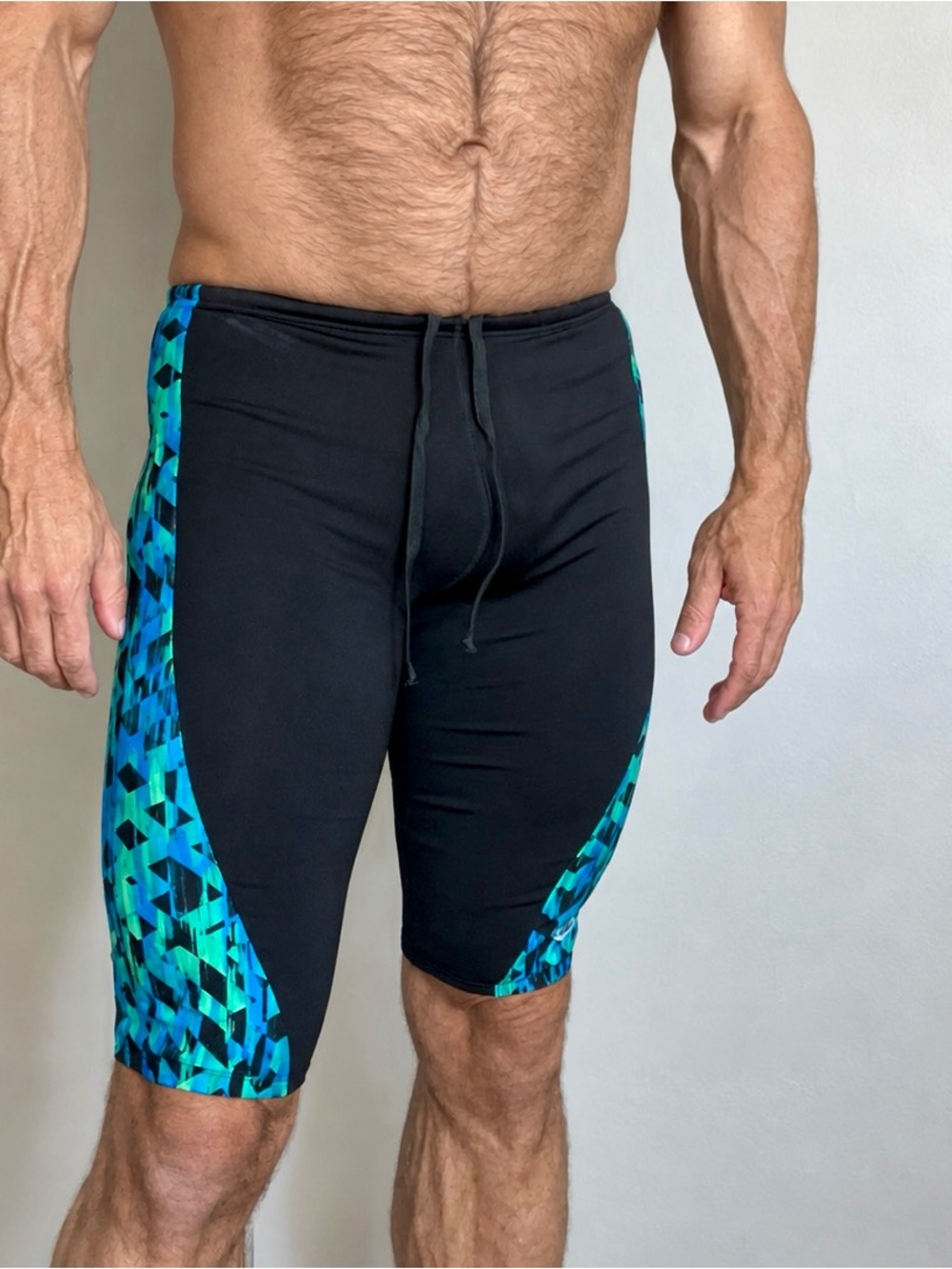 Men's Black Swim Jammer with Teal Blue Geometric Side Panels, Size 32, New